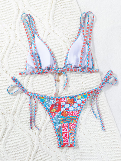 Red floral print triangle cup bikini set with matching bottom, featuring a small gold charm on the top. - Image 38