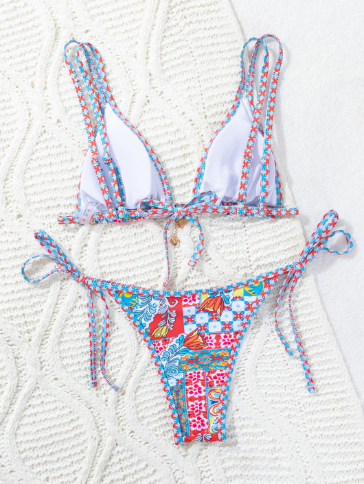 Red floral print triangle cup bikini set with matching bottom, featuring a small gold charm on the top. - Image 38