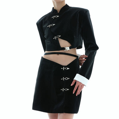 Chaqueta Blazer Bicolor Cuero Negro y Blanco con Botones Metal - Image 12