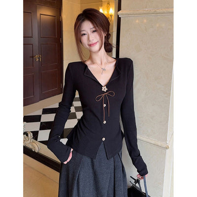 Blusa Elegante Francesa Cuello V Manga Larga Ajustada con Botones - Image 2