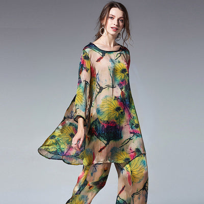 Traje Suelto de Seda Satinada Estampada con Cuello Redondo - Image 10