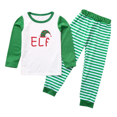 Green and white Christmas elf pajama set with a long-sleeve top and striped pants for parent-child matching. - Image 7