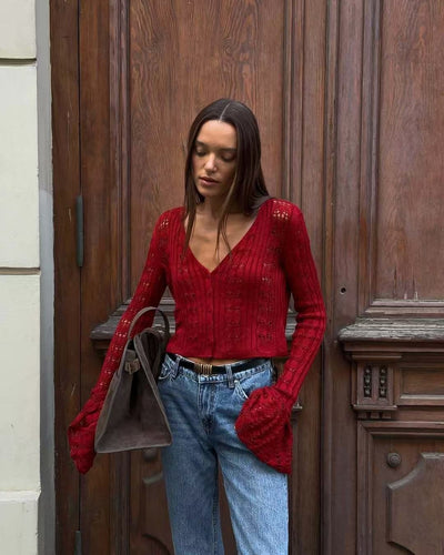 Blusa Corta Tejida con Mangas Acampanadas y Cortes Atrevidos - Image 20