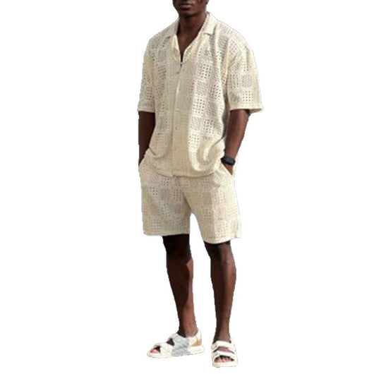 Conjunto de Camisa Hueca con Solapa y Shorts Sueltos para Hombre - Image 5