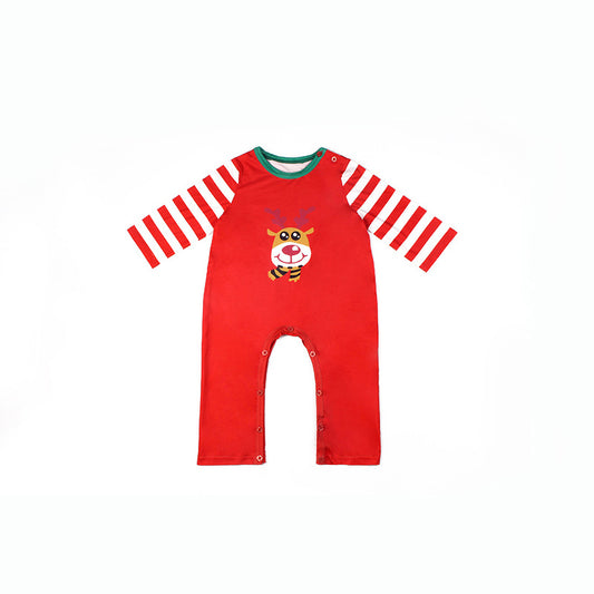Red and white striped long-sleeved pajama set with a cartoon reindeer graphic on the shirt. - Image 2