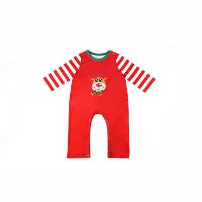 Red and white striped long-sleeved pajama set with a cartoon reindeer graphic on the shirt. - Image 2