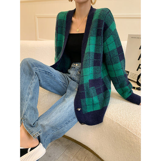 Cardigan de Mohair a Cuadros Verdes - Tejido Trendy para Mujer