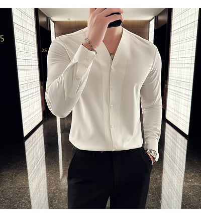 Camisa de Cuello V Manga Larga con Textura Waffle para Hombre - Image 17