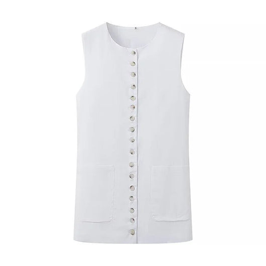 Versatile Buttons Design Round Neck Vest Top