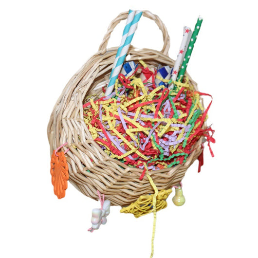 Woven basket bird toy filled with colorful shredded paper, paper tubes, and hanging chewable elements. - Image 5