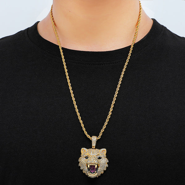 Collar Colgante Cabeza de Lobo Hip Hop Diamantes Lujo