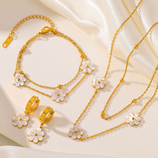 Conjunto de Joyería Flor Margarita en Acero Inoxidable: Collar Doble y Aretes - Image 2