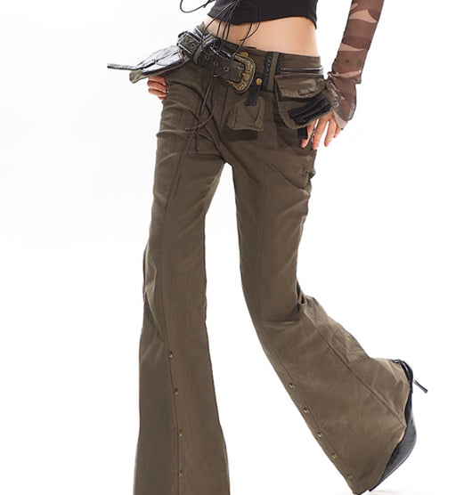 Pantalones Acampanados Denim Negro Lavado con Diseño Militar Verde Ejército - Image 2
