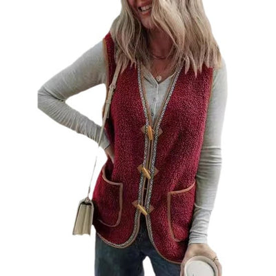 Chaleco Cardigan Sin Mangas de Contraste de Colores en Felpa para Mujer - Image 5