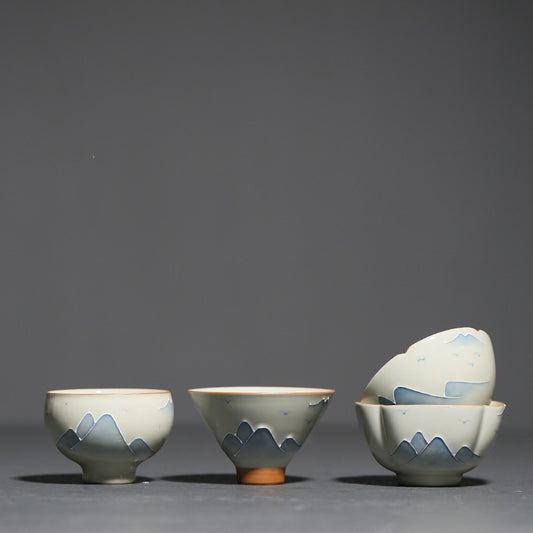 Taza Kung Fu de Porcelana Pintada a Mano - Paisaje Tradicional Gris - Image 2