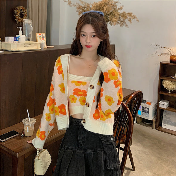 Conjunto Dos Piezas Mujer: Cardigan Floral Retro Corto + Camiseta Tejida