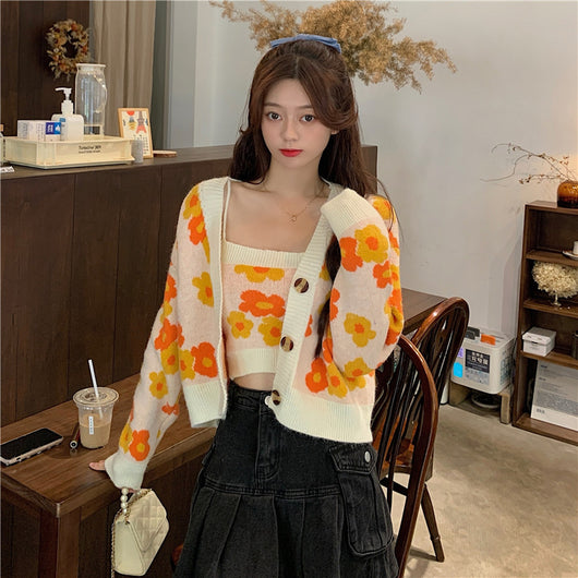 Conjunto Dos Piezas Mujer: Cardigan Floral Retro Corto + Camiseta Tejida