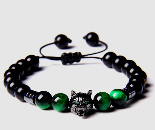 Pulsera de Ágata Yoga con Cabeza de Lobo 8mm