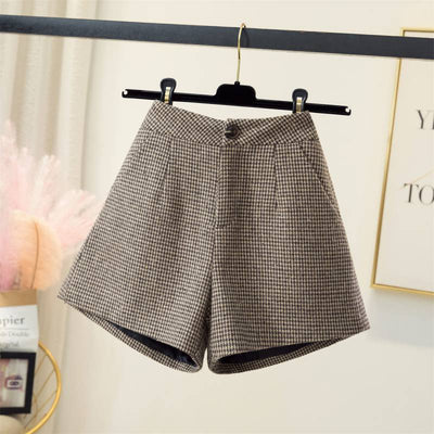 Shorts de Lana Cuadros Cintura Alta Pierna Ancha para Otoño e Invierno - Image 4