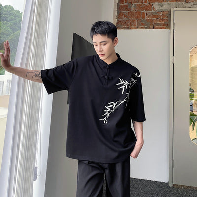 Camisa de Manga Corta con Bordado de Hojas de Bambú para Hombre - Image 3