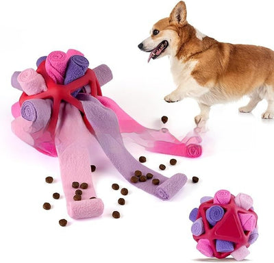 Colorful pet sniffing ball interactive toy with rolled fabric strips, shown with a corgi and scattered kibble. - Image 8