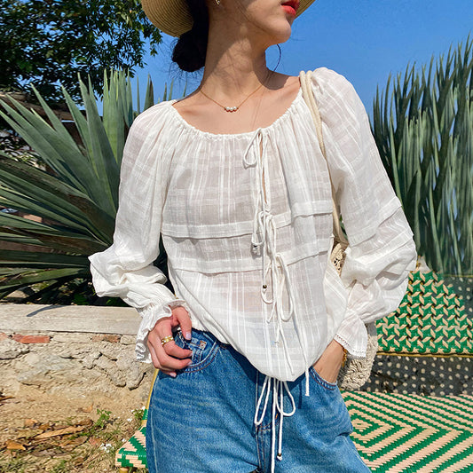 Blusa Francesa Blanca de Manga Larga para Mujer