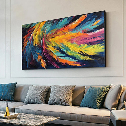 Cuadro Abstracto Hecho a Mano – Pintura al Óleo Sobre Lienzo con Diseño de Pluma Colorida - Image 5