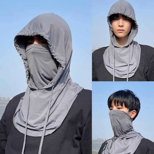 Light gray ice silk sun mask with full face coverage and an attached hood, featuring drawstrings for adjustment.