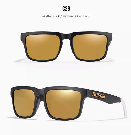 Men's and women's dazzling blue and black striped polarized sunglasses with gray lenses and a black case. - Image 29