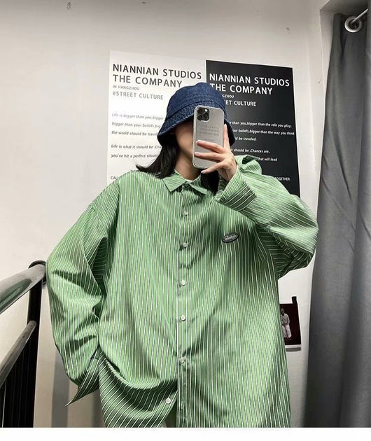 Camisa de Manga Larga Estilo Hong Kong a Rayas Casual Suelta Juvenil - Image 15