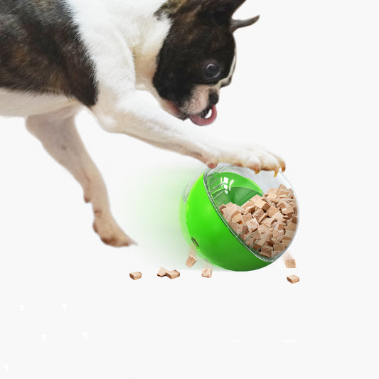 Yellow and clear spherical dog toy with an orange segmented interior, designed as an adjustable leaky feeding puzzle.