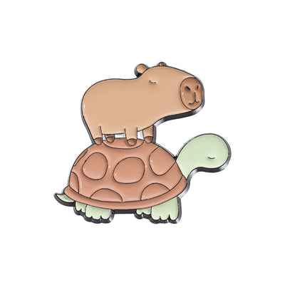 Cute capybara enamel brooch wearing a pink donut with sprinkles and "DONUT WORRY BE CAPPY" text. - Image 12