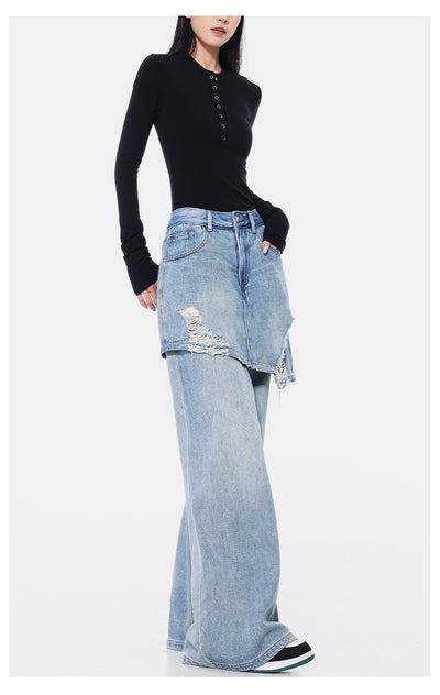 Pantalones Rectos Azul Vintage Efecto Desgastado Doble Tela para Mujer - Image 32