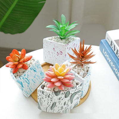Maceta de Cerámica con Diseño Floral y Bandeja de Bambú - Image 6