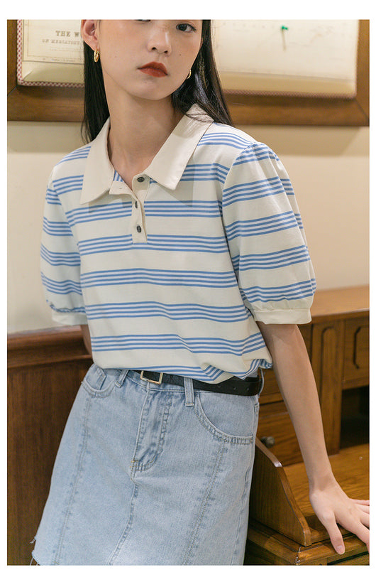 Camiseta Holgada de Algodón a Rayas con Cuello Solapa Estilo Coreano - Image 9