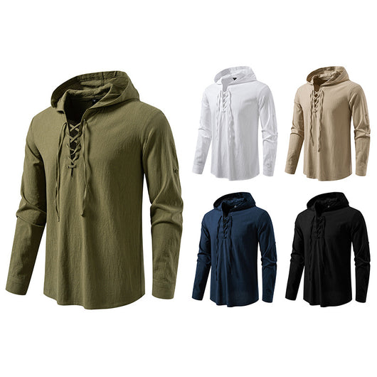Camisa Pirata Medieval de Algodón y Lino con Cordón para Hombre