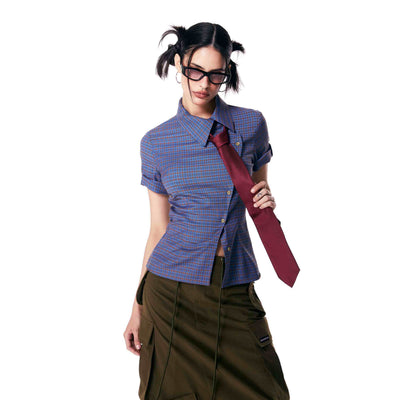 Blusa Retro a Cuadros con Mangas Cortas para Mujer - Image 2