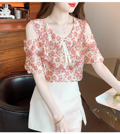 Blusa Chiffon Floral Hombro Descubierto - Camisa Romántica de Manga Corta - Image 28