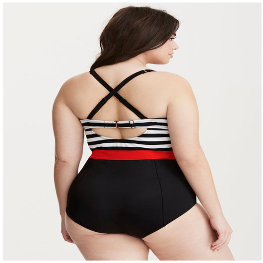 Traje de Baño Enterizo Tallas Grandes con Estampado de Rayas Blanco y Negro - Image 11