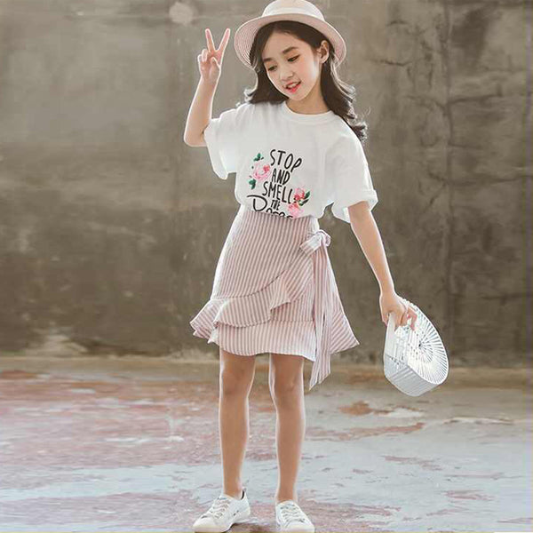 Conjunto de Falda y Blusa de Manga Corta para Niñas - Estilo Verano