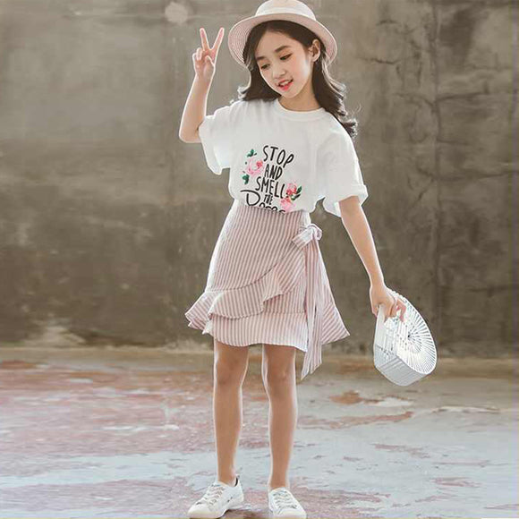 Conjunto de Falda y Blusa de Manga Corta para Niñas - Estilo Verano