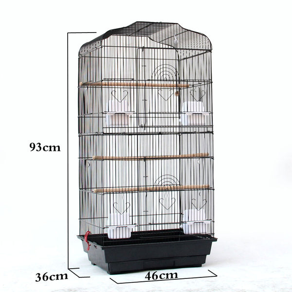 White wire bird cage with arched top, multiple wooden perches, plastic food cups, and two wooden nesting boxes. - Image 4