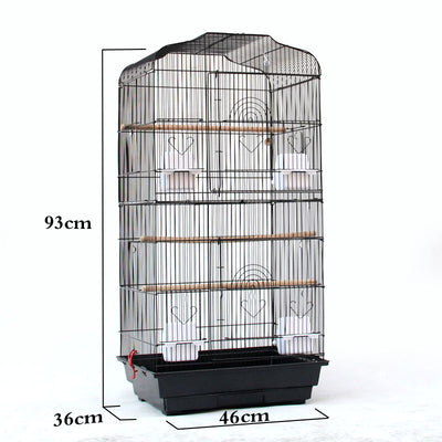 White wire bird cage with arched top, multiple wooden perches, plastic food cups, and two wooden nesting boxes. - Image 4