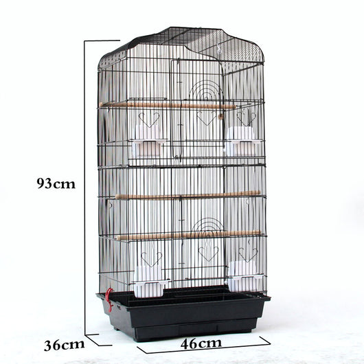 White wire bird cage with arched top, multiple wooden perches, plastic food cups, and two wooden nesting boxes. - Image 4