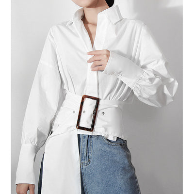 Camisa Blanca Manga Larga con Diseño de Cinturón - Image 9