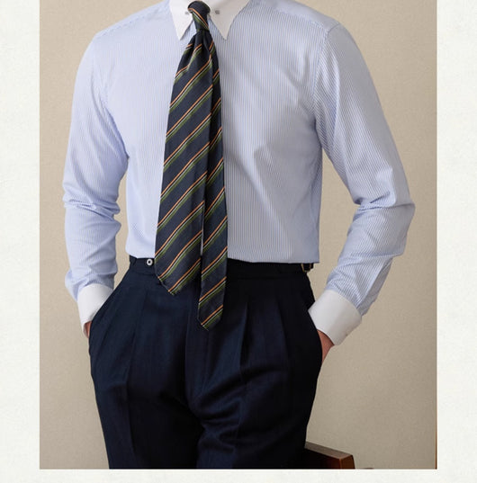 Camisa de Negocio Italiana a Rayas, Cuello Italiano, Manga Larga sin Planchado - Image 8