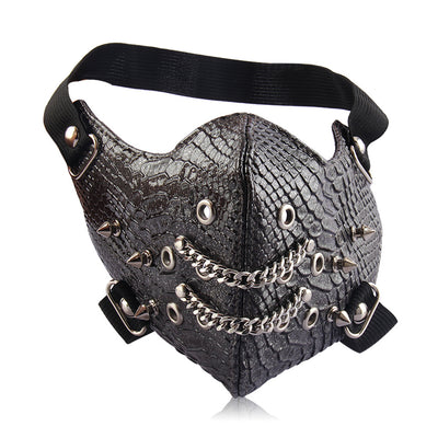 Black leather half-face mask with silver studs and grommets, featuring elastic head straps. - Image 5