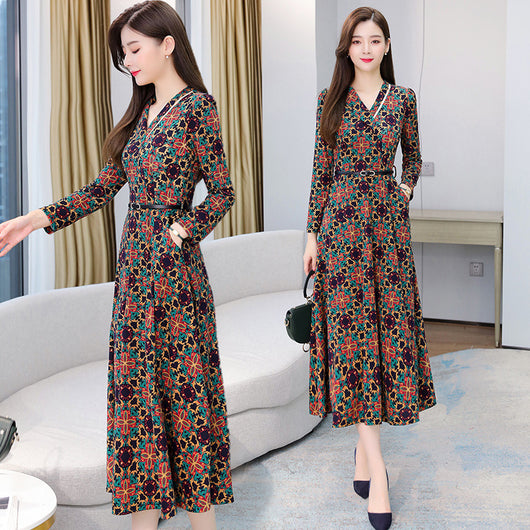 Vestido Elegante Estampado Cuello V Manga Larga Otoño Invierno - Image 11