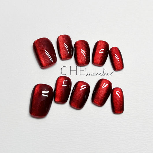 Pegatinas de Uñas Ojo de Gato Rojo Vino - Diseño Personalizado Hecho a Mano