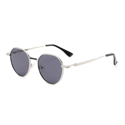 Round metal sunglasses with silver frames and dark gray lenses, featuring black temple tips, on a white background. - Image 7
